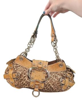 Y2K Vintage Guess Purse Shoulder Bag Leopard Print Tan Leather Silver Details 1